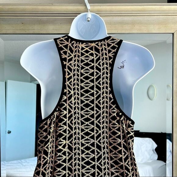 LAUNDRY BY SHELLI SEGAL Black Gold Sequined Sleeveless Sheath Dress Size M - Picture 4 of 7